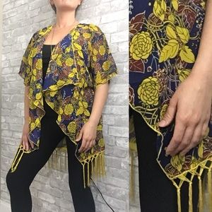LuLaRoe yellow gold floral Monroe kimono with tassel fringe